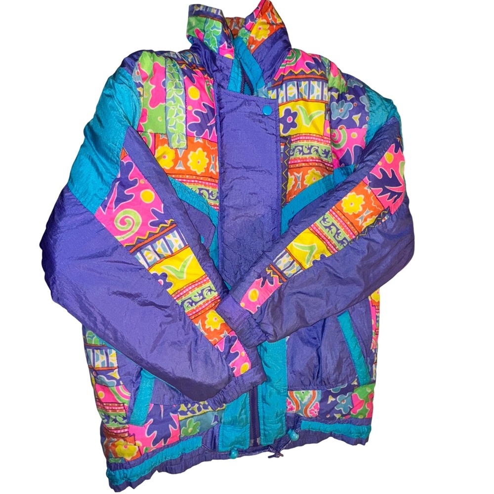 Vintage 80s 90s Colorful Abstract Print Puffer Ski Jacket‎ Women's Size 14